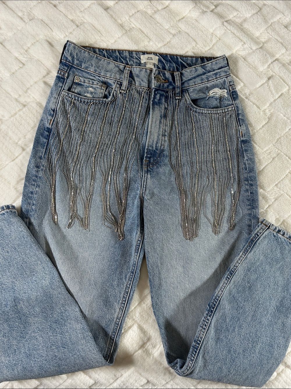 River Island Light Blue High-Rise Jeans with Silver Chain Fringe size 12